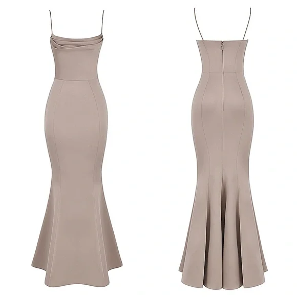 HOUSE OF CB Violette Mushroom Satin Fishtail Gown - Picture 4 of 11